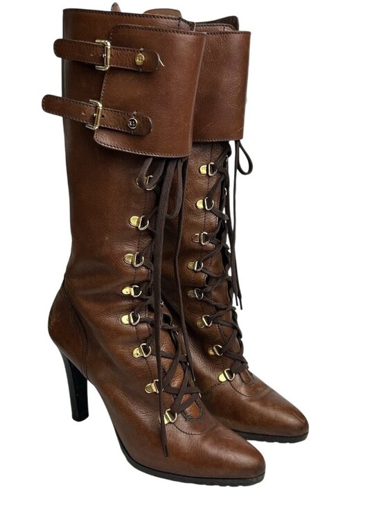 Lauren Ralph Lauren Shoes - Ralph Lauren Collection 8B Brown Leather Lace Up Knee High Boots Buckle Heels